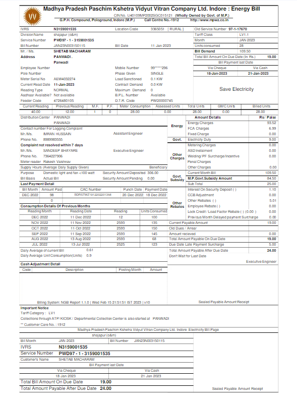 INDIA MPWZ utility bill Word and PDF template